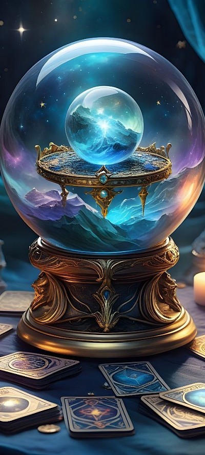 A crystal ball with the earth in it and surrounded by tarot cards